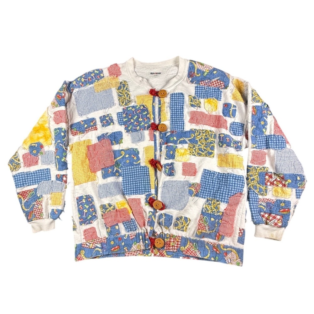Vintage Patchwork Quilt Sweatshirt Cardigan Cottagecore XL Handmade Teacher